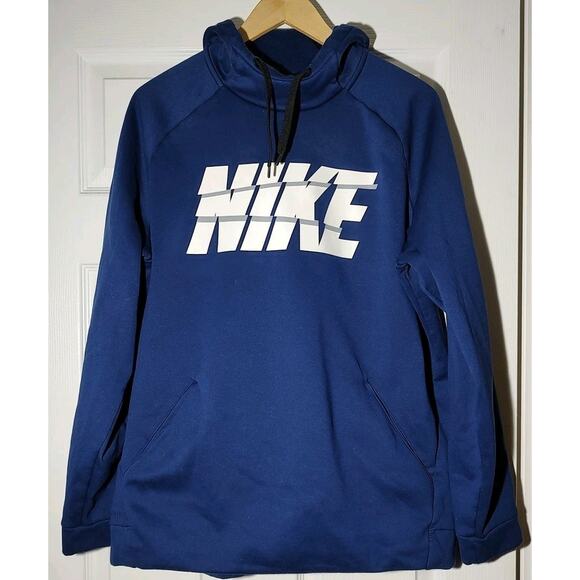 Men's Nike Hoodie Blue Pullover Swoosh Therma Dri Fit Sweatshirt Hoodie - Large - Picture 1 of 5